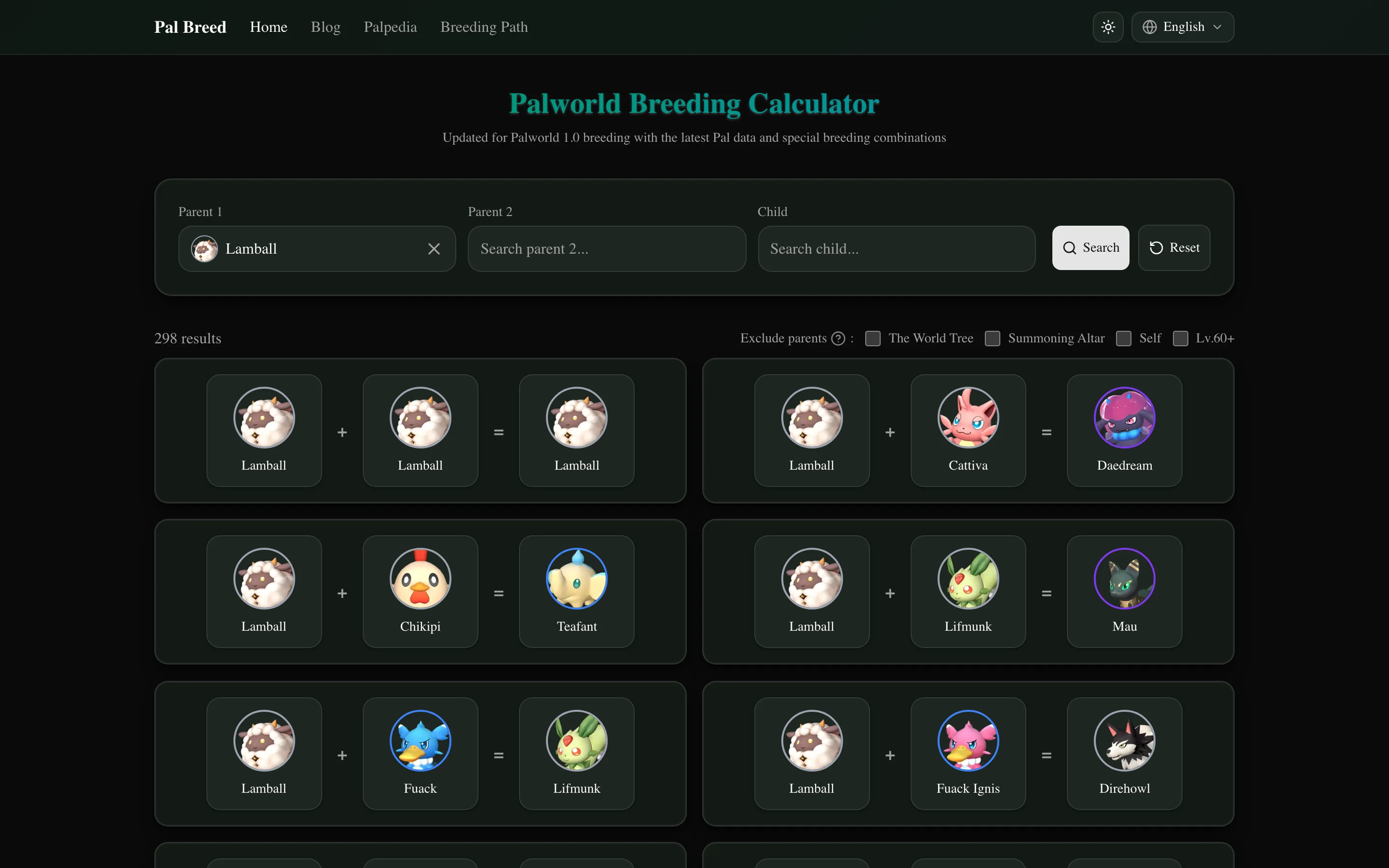 Pal Breed Breeding Calculator home page, showing all breeding combinations after one parent is selected
