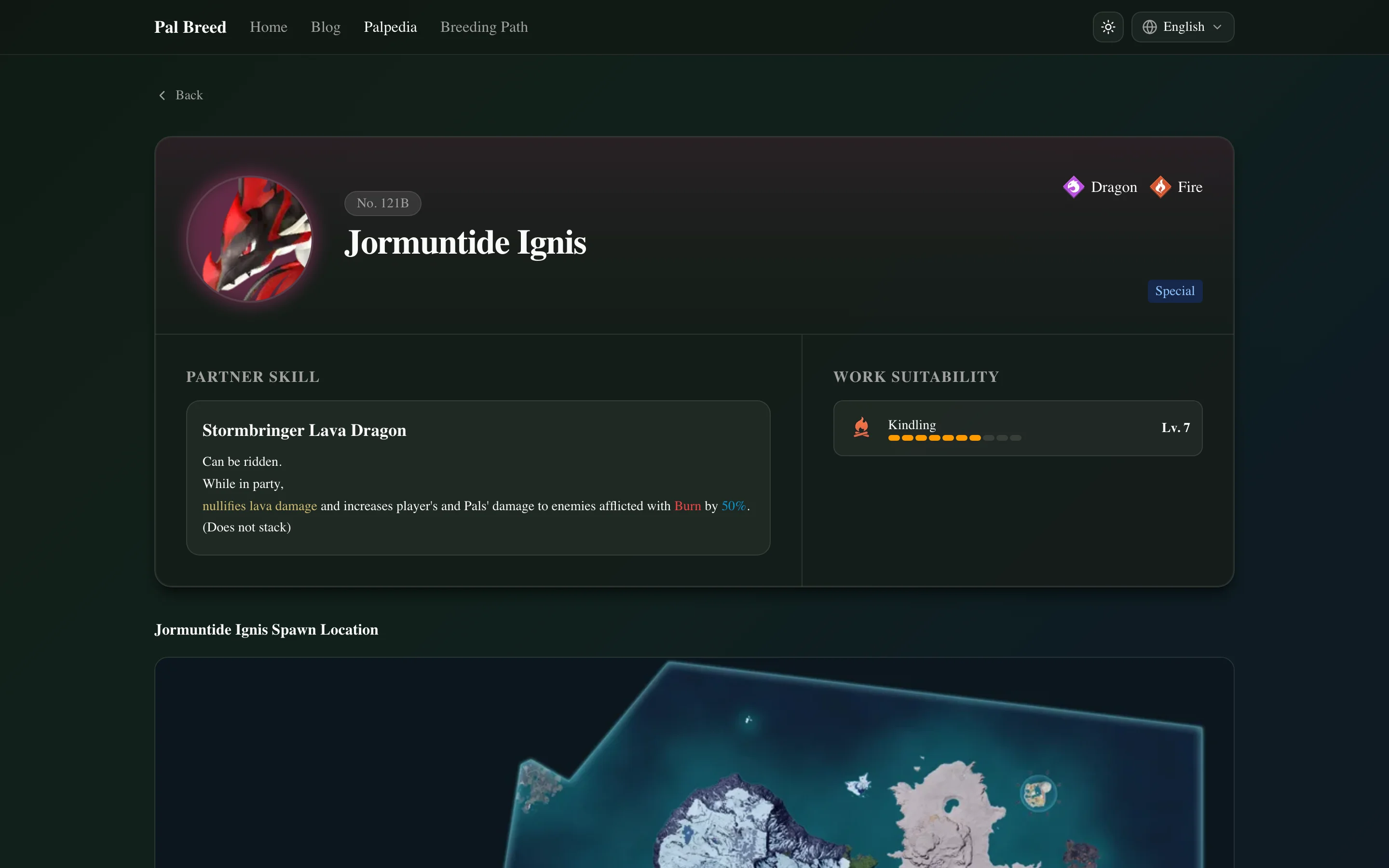 Pal profile showing elements, Partner Skill, and work suitability